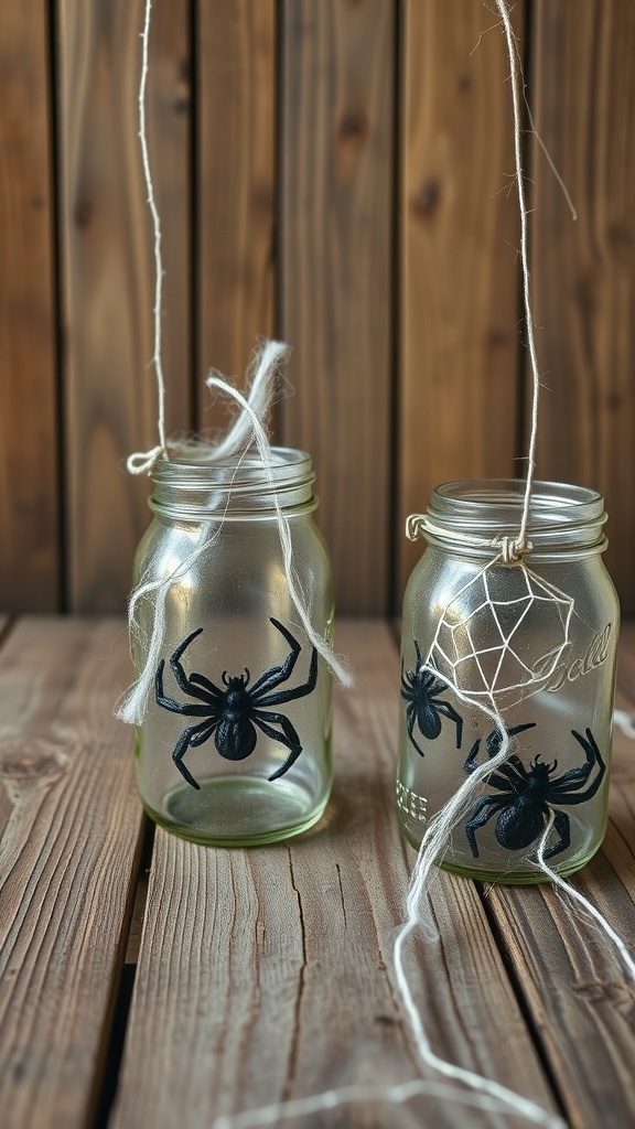 Two mason jars with spider designs hanging on twine