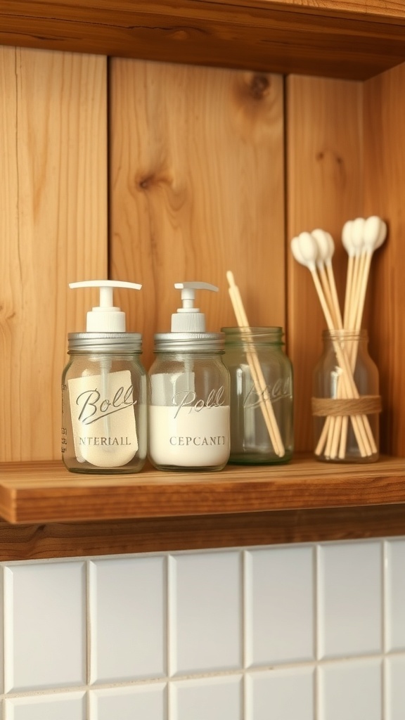 Rustic bathroom decor featuring mason jars on a wooden shelf