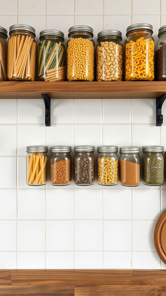 A wooden shelf displaying various mason jars filled with pasta, grains, and spices.