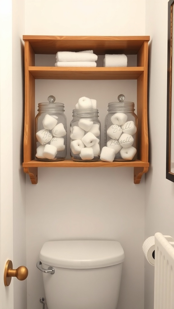 Rustic bathroom storage with mason jars on a wooden shelf