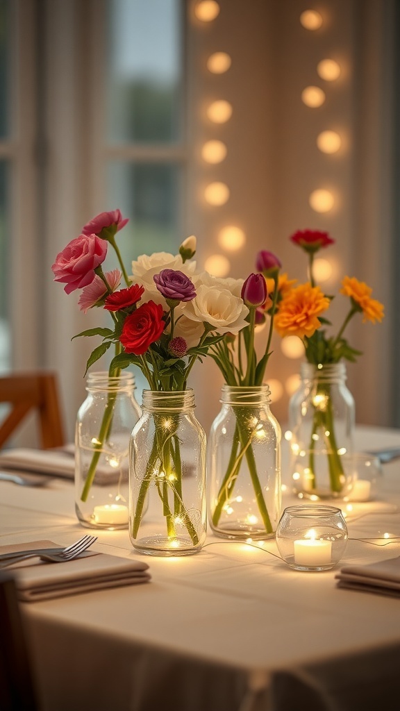 Mason jars filled with flowers and fairy lights on a table