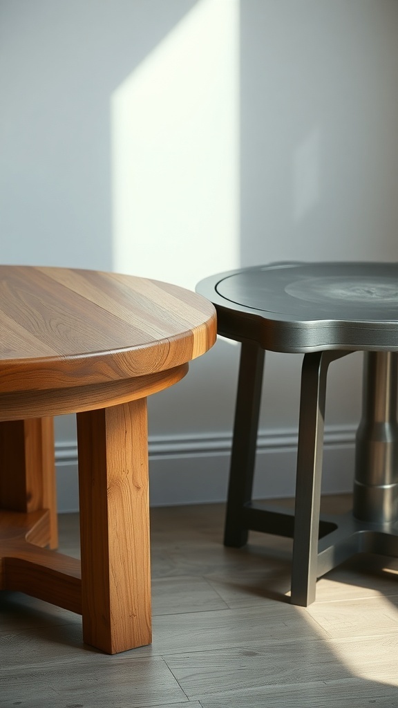 A comparison of a wooden round farmhouse kitchen table and a metal round kitchen table.