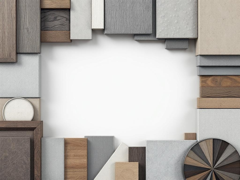A variety of materials including wood, concrete, and composite textures arranged around a blank space.