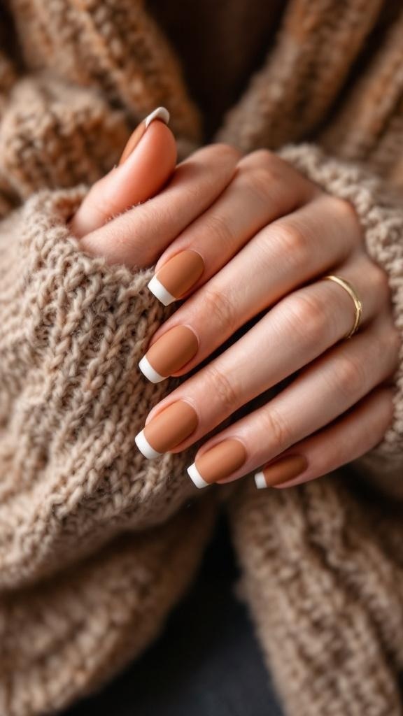 Close-up of hands with matte finish French tip nails, cozy sweater background.
