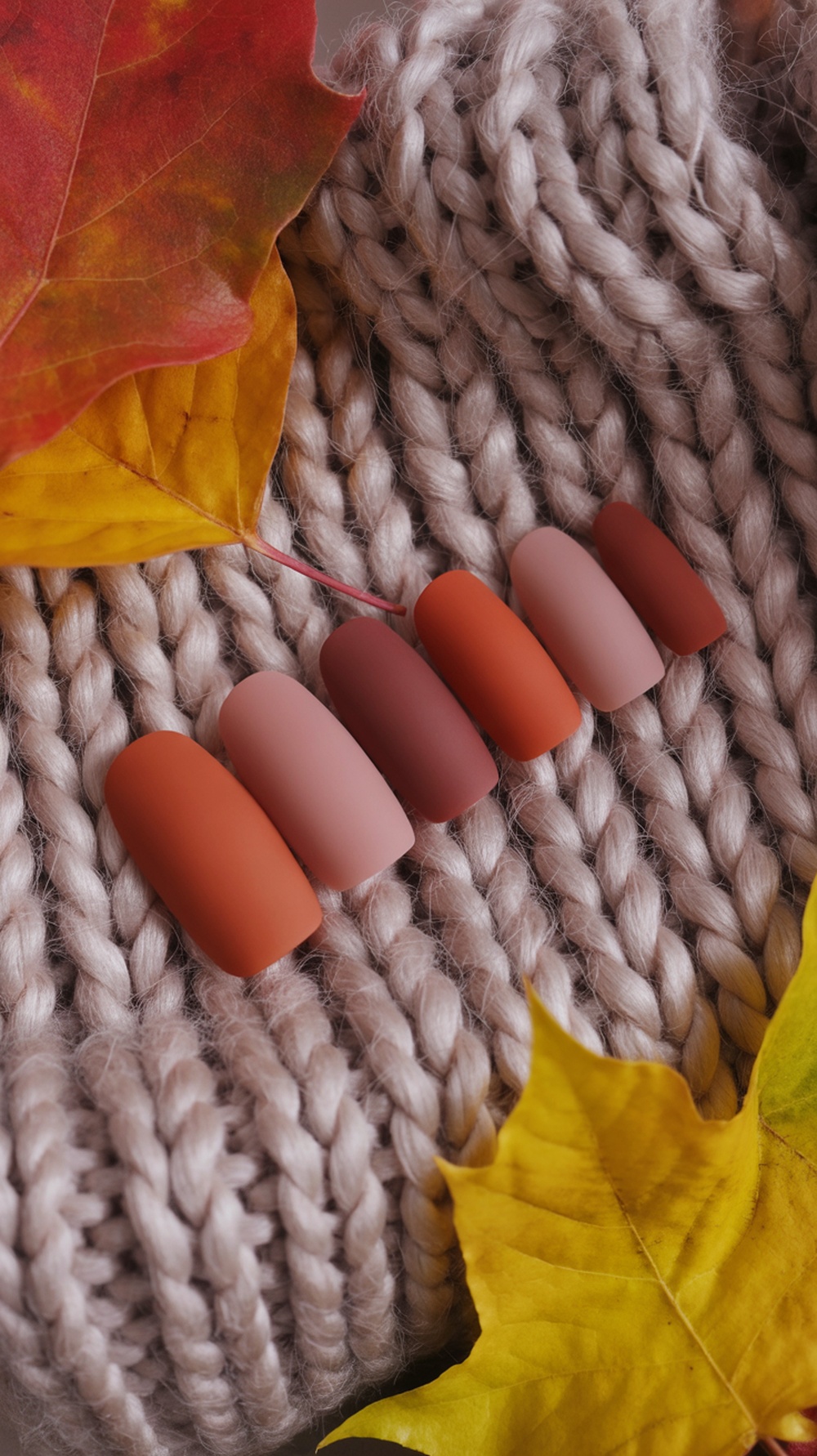 Matte nail colors displayed on a knitted fabric with autumn leaves