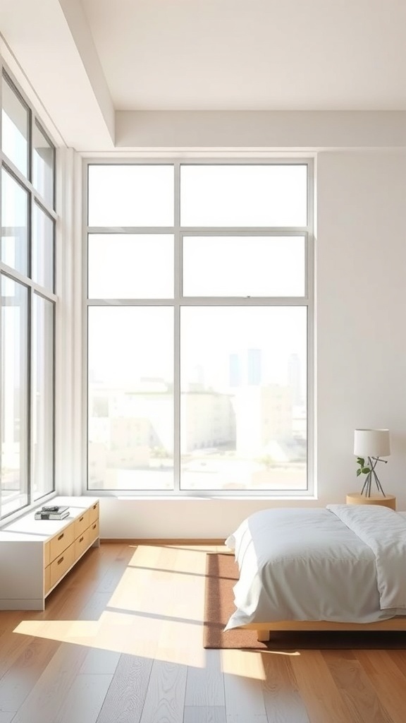 Bright modern bedroom with large windows and minimalistic decor.