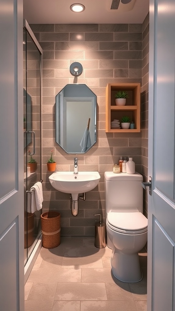 A small, modern bathroom featuring gray tiles, a wall-mounted sink, and open shelving with plants.