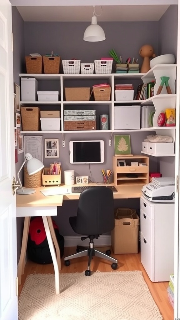 A small craft room with shelves, a desk, and organized storage.