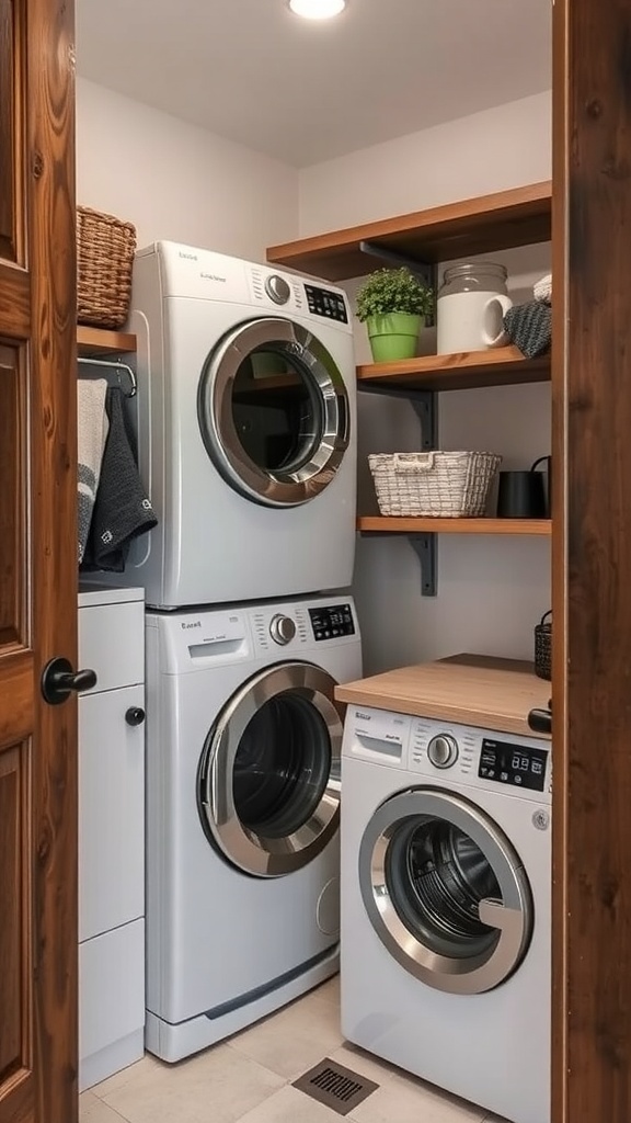 A compact laundry room featuring stacked washer and dryer, wooden shelves, and organized storage.
