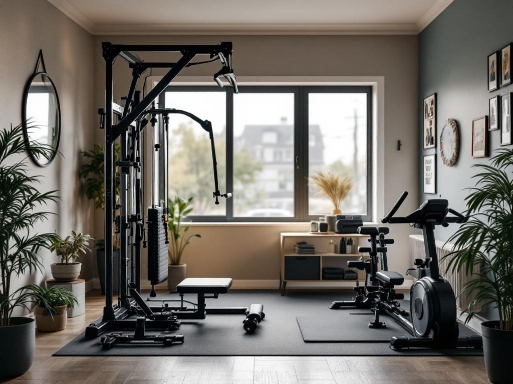 A modern home gym setup featuring multi-functional exercise equipment in a small space.
