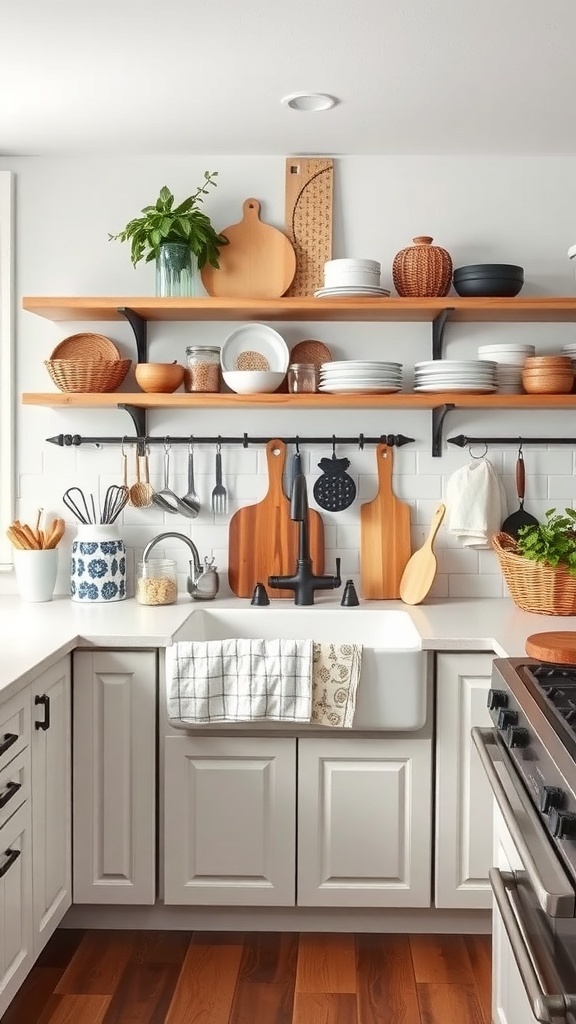A cozy kitchen featuring a farmhouse sink with open shelves above, displaying dishes and plants.