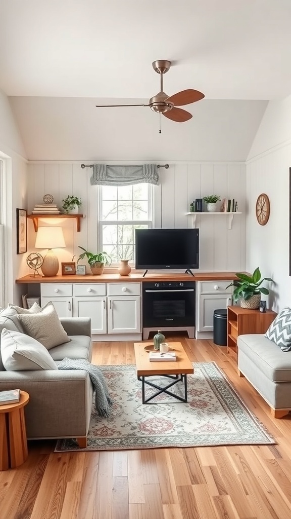 A cozy cottage living room with light colors, a coffee table, and plants.