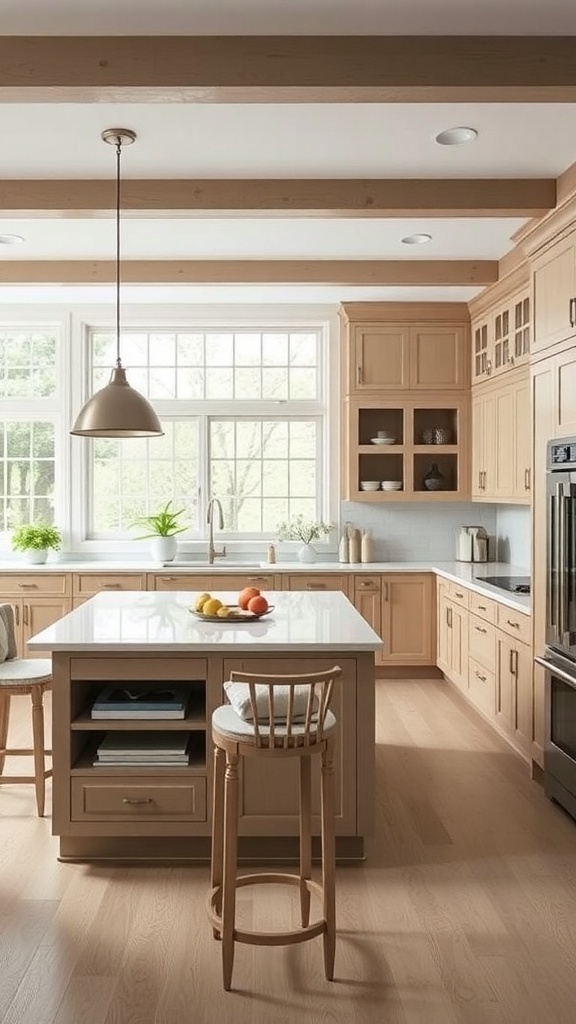 A bright kitchen featuring a peninsula design with wooden cabinetry, a large window, and bar stools.