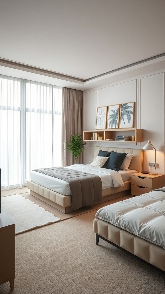 A modern master bedroom featuring two beds, a shelf with decor, and large windows.
