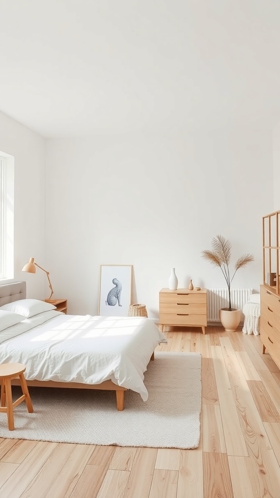 A minimalist bedroom with a bed, wooden furniture, and natural light.