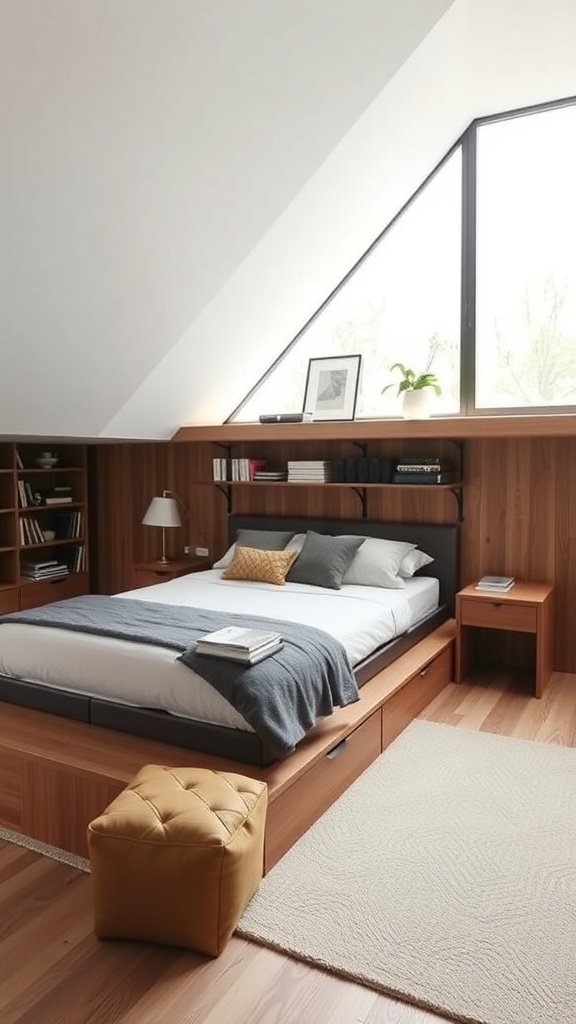 A modern loft bedroom featuring a bed with built-in storage, a side table, and a pouf, all in warm wood tones with a large window.