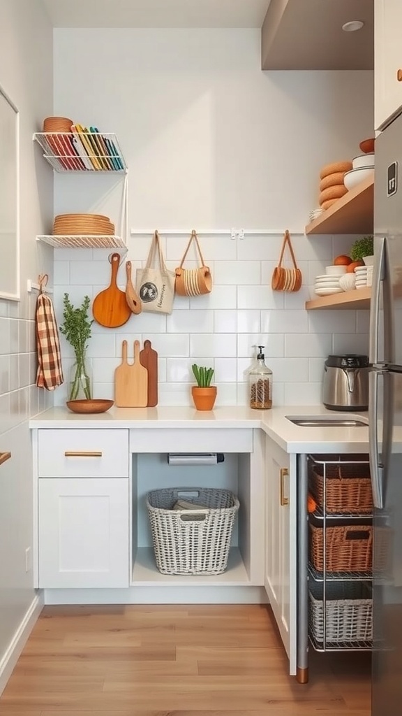 A small, modern kitchen with open shelving, organized storage, and a bright, airy feel.