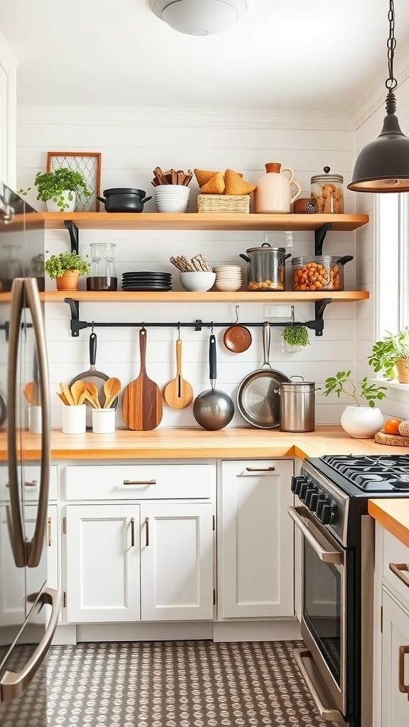 A small farmhouse kitchen with open shelves displaying dishes and jars, and a cozy cooking area.