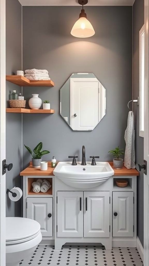 A small bathroom with gray walls, wooden shelves, a compact vanity, and plants.