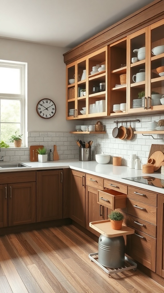 A modern kitchen with wooden cabinets, open shelving, and a cozy atmosphere.