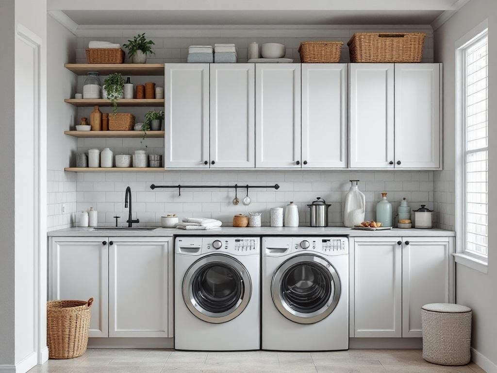A small laundry room with white cabinets, open shelves, and organized storage.