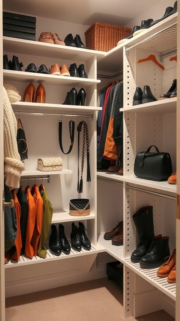 A well-organized minimalist closet with shoes, clothes, and accessories neatly arranged on shelves.