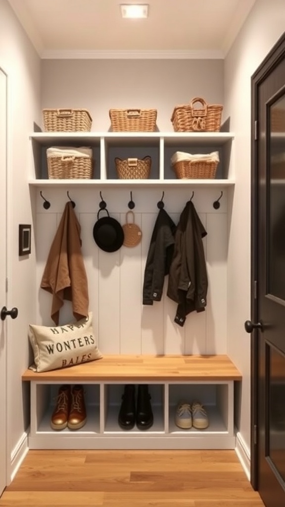 Modern mudroom with shelves, hooks, and a bench for storage.