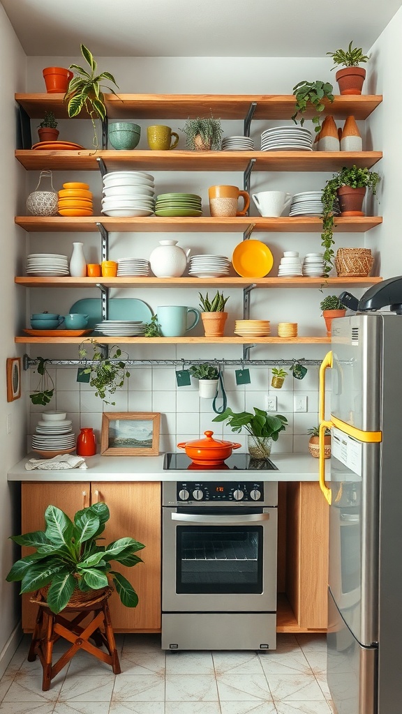 A small kitchen with open shelving filled with colorful dishes and plants, showcasing a cozy and organized space.
