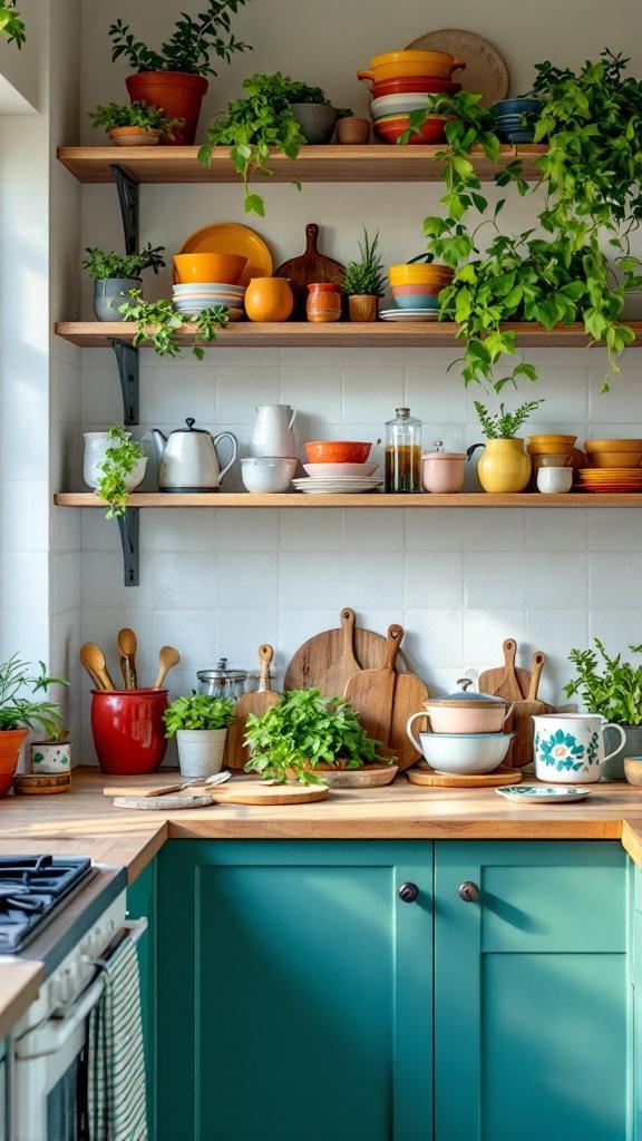 A galley kitchen with open shelving displaying colorful dishes and plants.