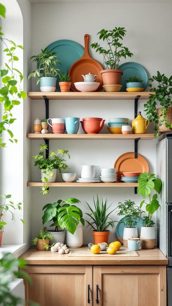 Colorful open shelving in a small kitchen filled with dishes and plants.