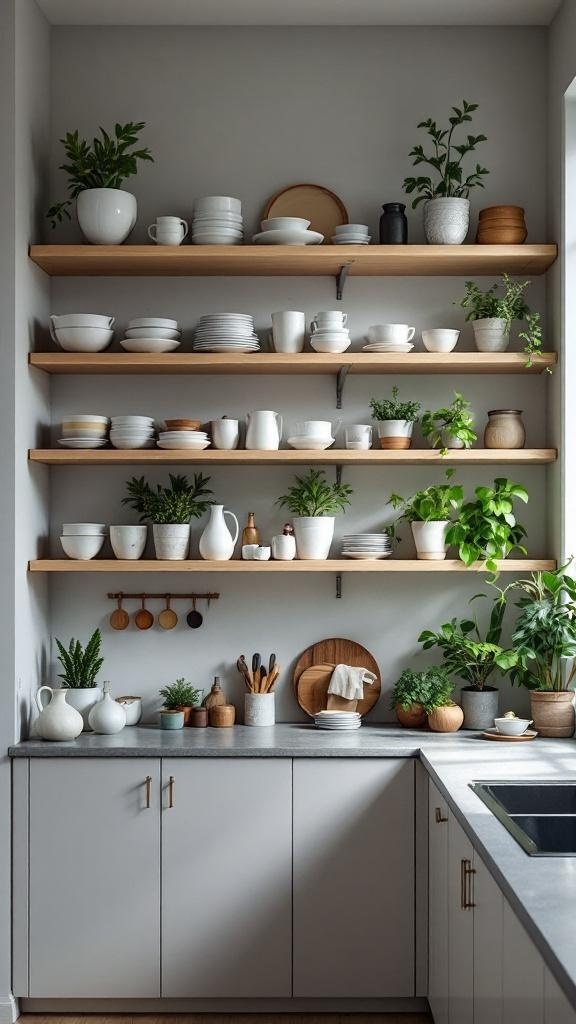 Open shelving in a modern kitchen displaying dishes and plants.