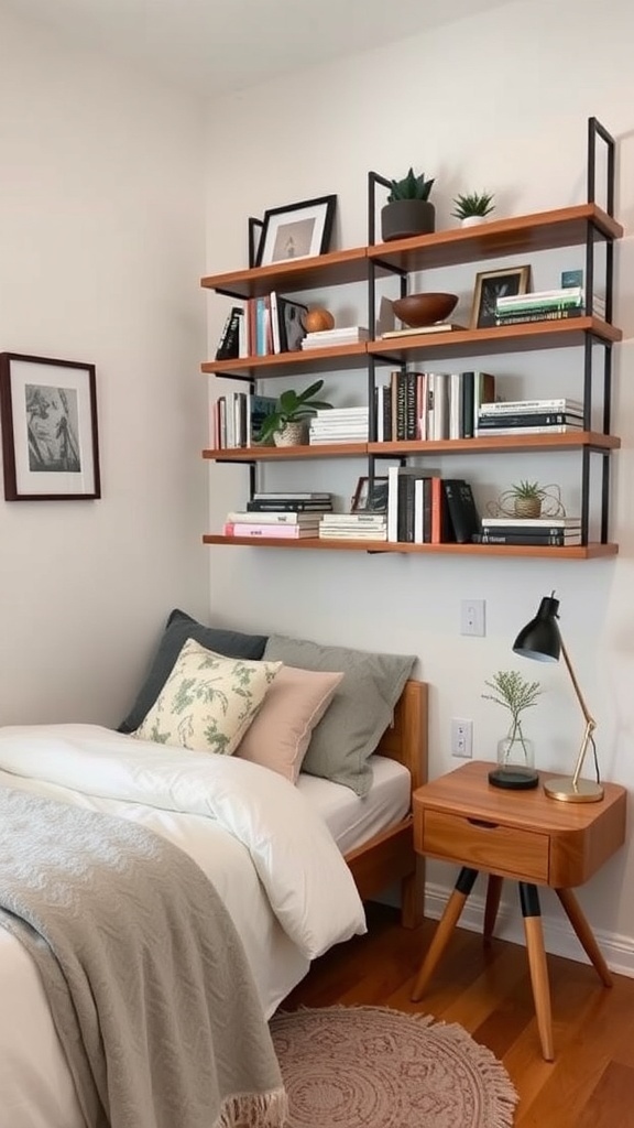 A small guest bedroom featuring a bed, a nightstand, and a stylish shelving unit filled with books and plants.