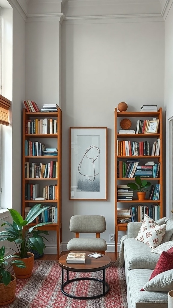 A cozy living room with bookshelves, a chair, and a coffee table.