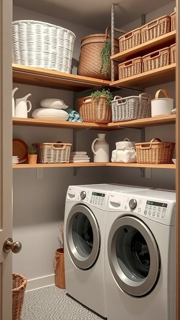 A well-organized tiny laundry room featuring open shelving with various baskets and containers, showcasing a clean and stylish design.