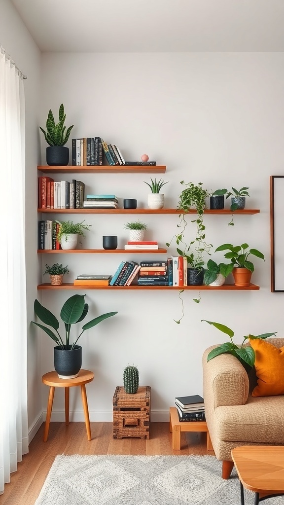 A cozy living room with wooden shelves displaying books and plants.
