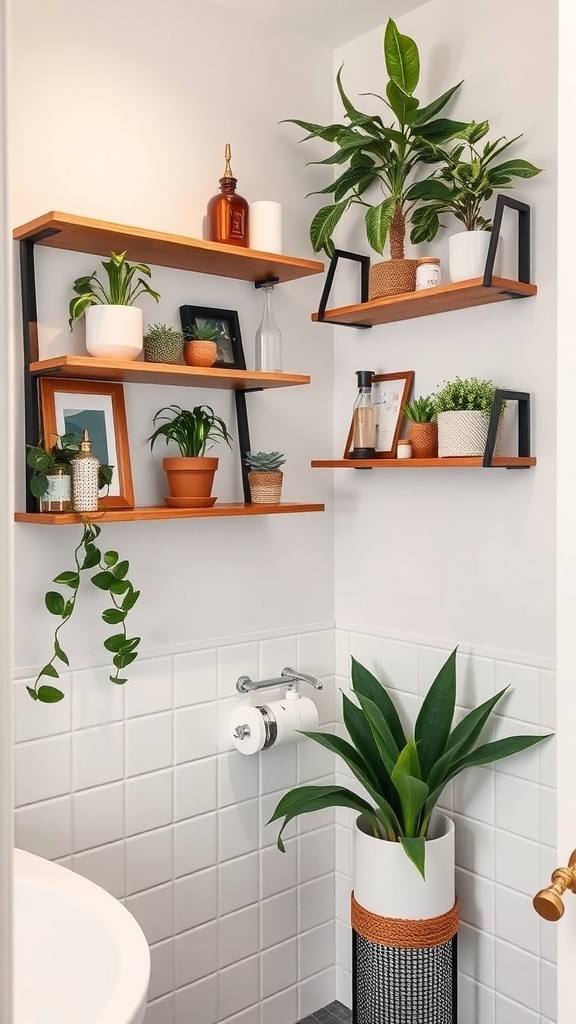 Small bathroom with wooden shelves displaying plants and decorative items.