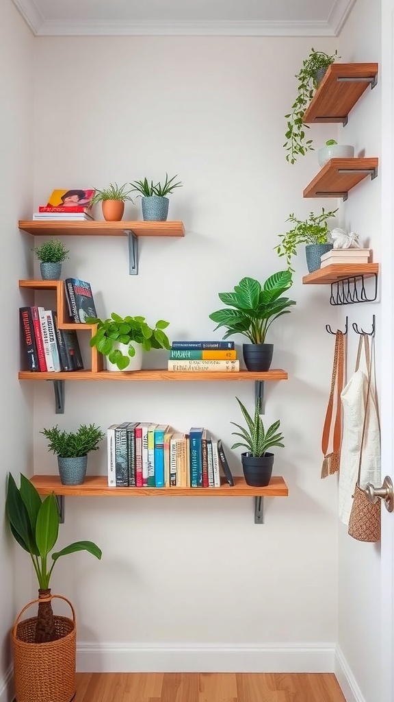 A well-organized small space featuring wall-mounted shelves with plants and books.