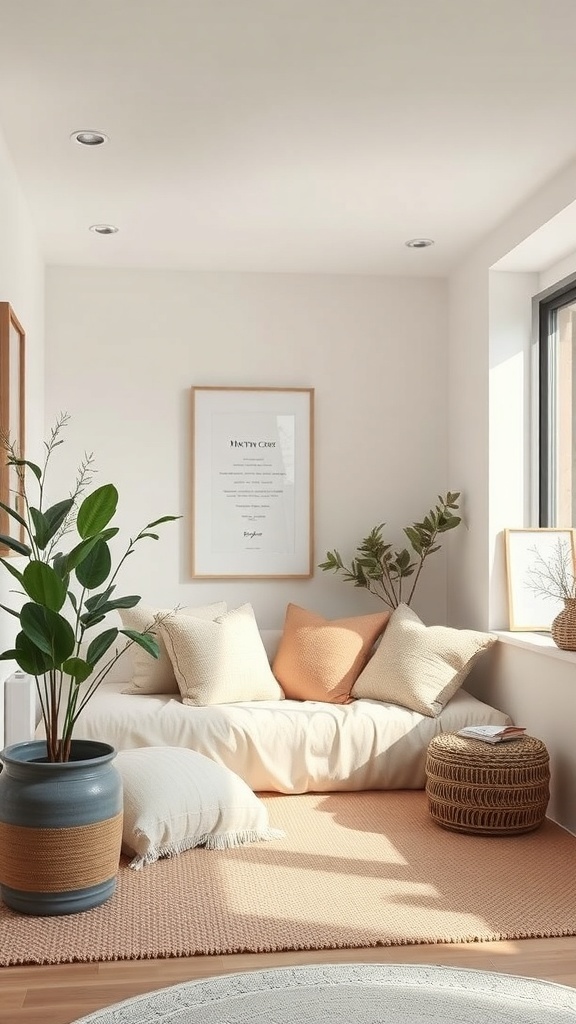 A cozy meditation nook with soft cushions, plants, and natural light.
