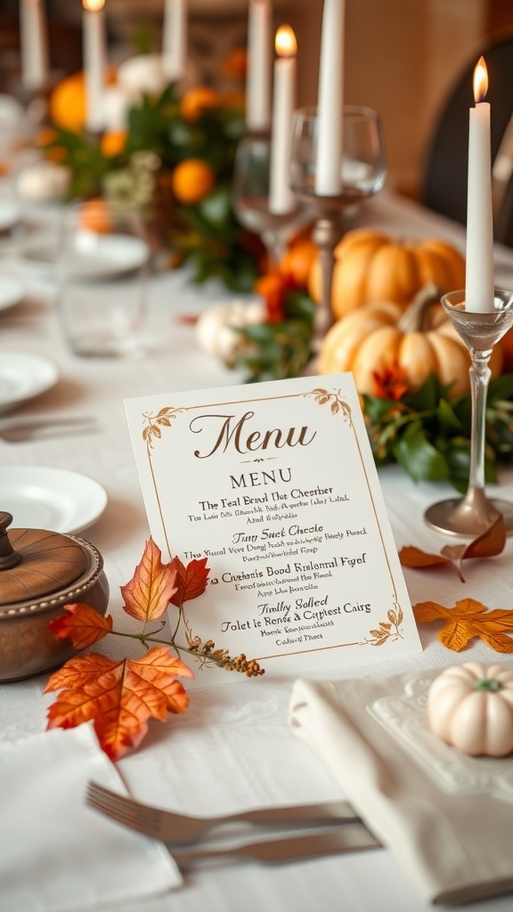 A beautifully set Thanksgiving dinner table featuring a decorative menu card, autumn leaves, and pumpkins.