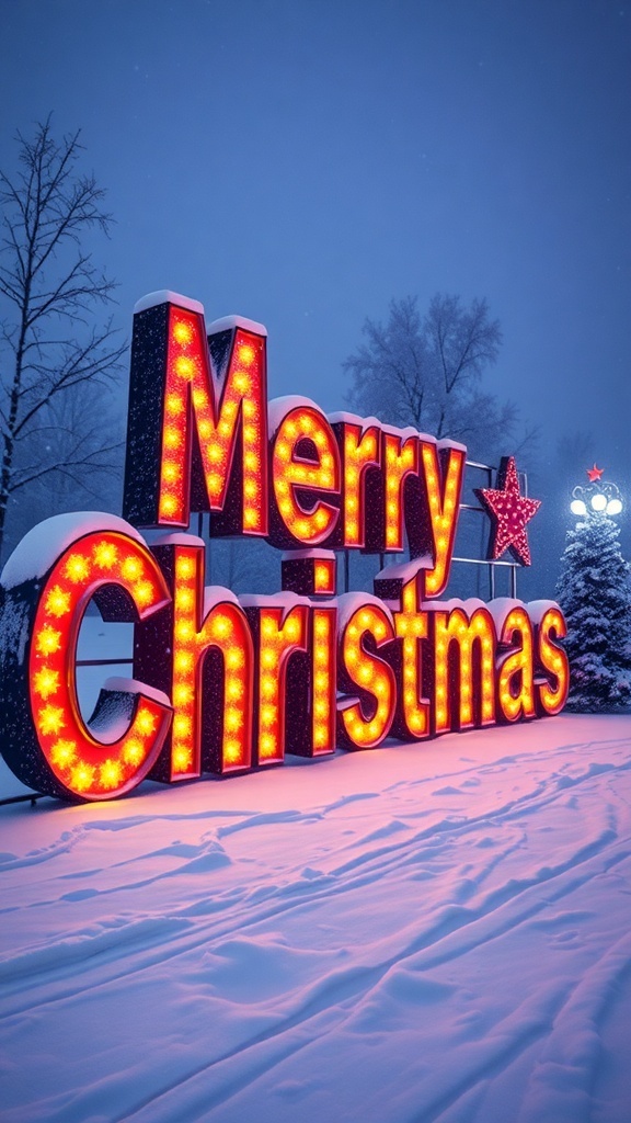 A vibrant 'Merry Christmas' sign lit up with colorful lights against a snowy background.