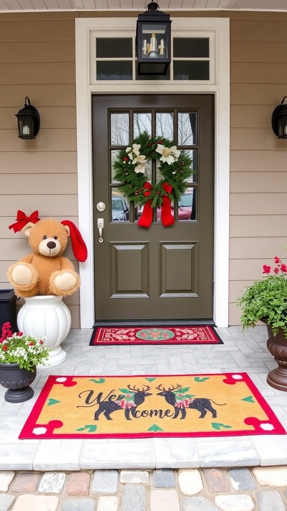 A decorated front porch with a Christmas welcome mat, wreaths, and festive plants.