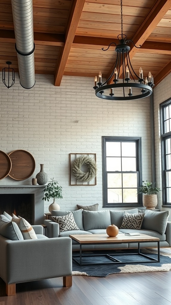 A stylish industrial farmhouse living room featuring metal accents and fixtures.