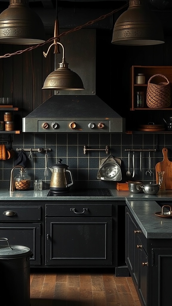 A dark rustic kitchen featuring metal accents and fixtures.