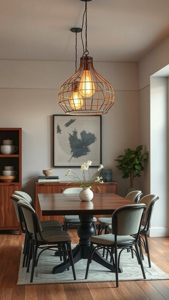 A rustic metal cage light fixture hanging above a dining table in a cozy setting.
