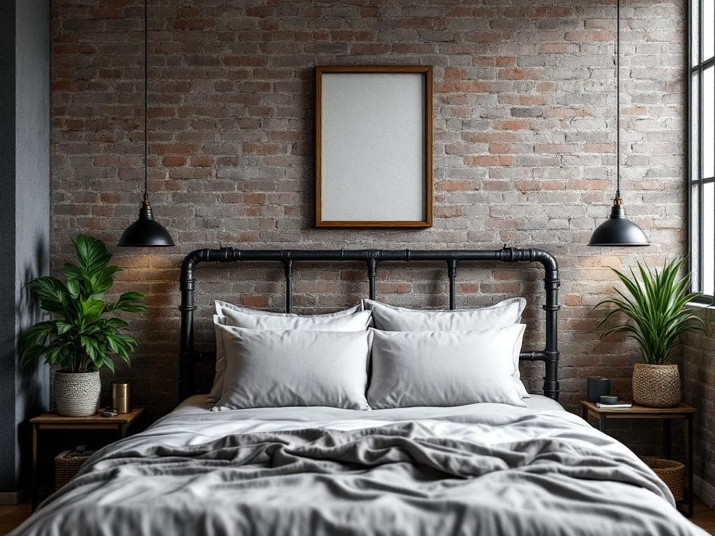 A bedroom featuring a metal pipe industrial headboard against a brick wall, with plants and pendant lights.