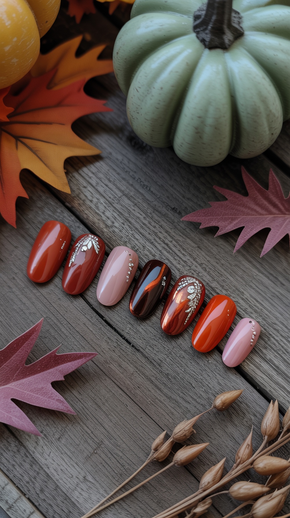 Nail designs featuring metallic accents and autumn colors