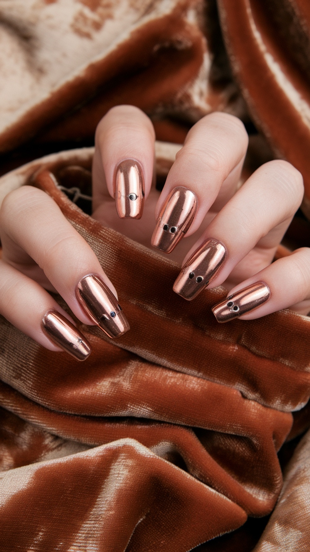 Close-up of metallic rose gold nails with black accents on a textured background.