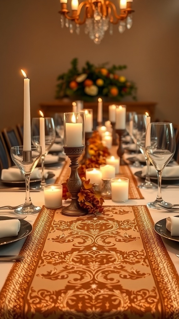 A beautifully set dining table with a golden metallic table runner, candles, and elegant glassware, creating a warm and inviting atmosphere.