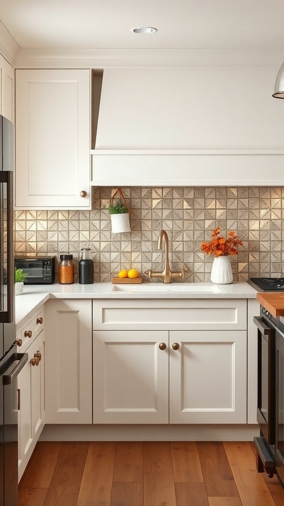 Farmhouse kitchen with metallic backsplash and wooden accents.