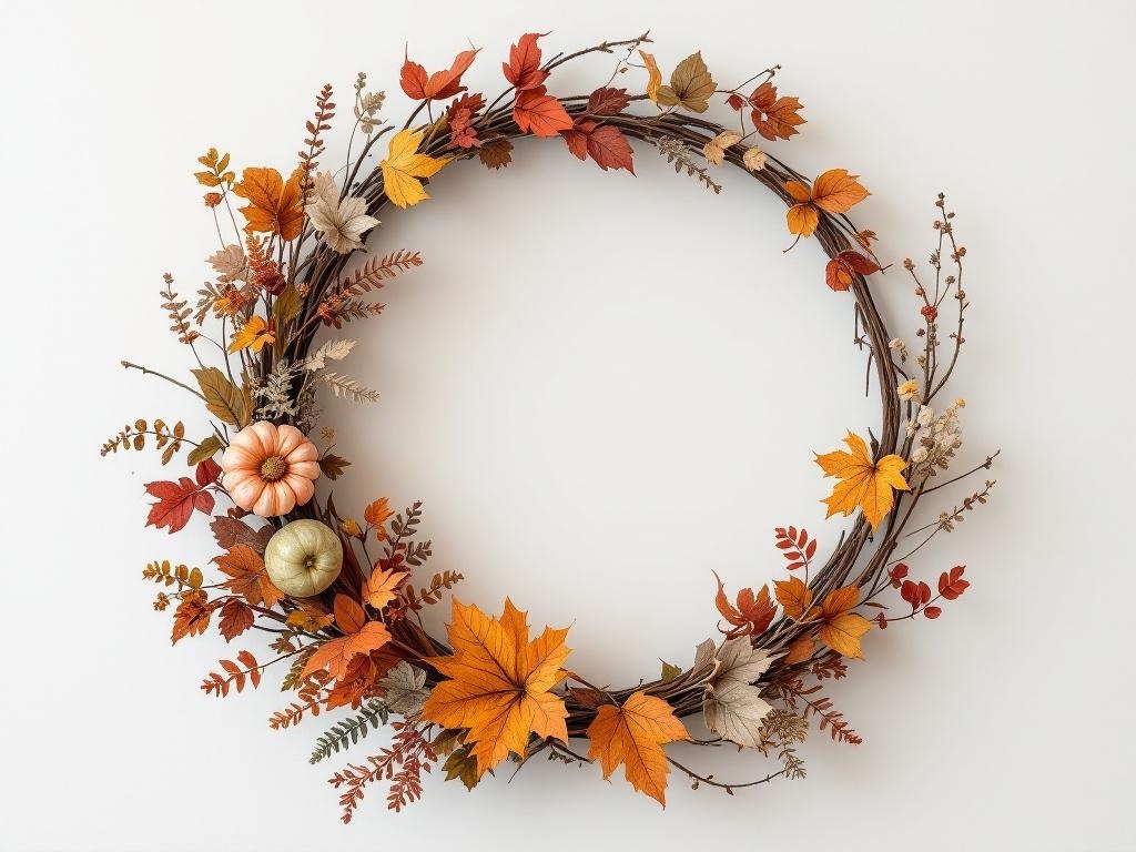 A fall wreath featuring colorful leaves, pumpkins, and metallic accents.